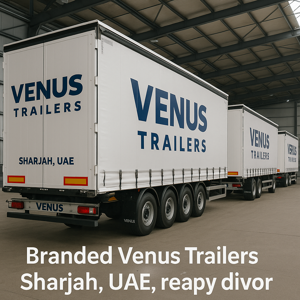 Branded Venus Trailers lined up in a modern manufacturing facility in Sharjah, UAE, ready for delivery.