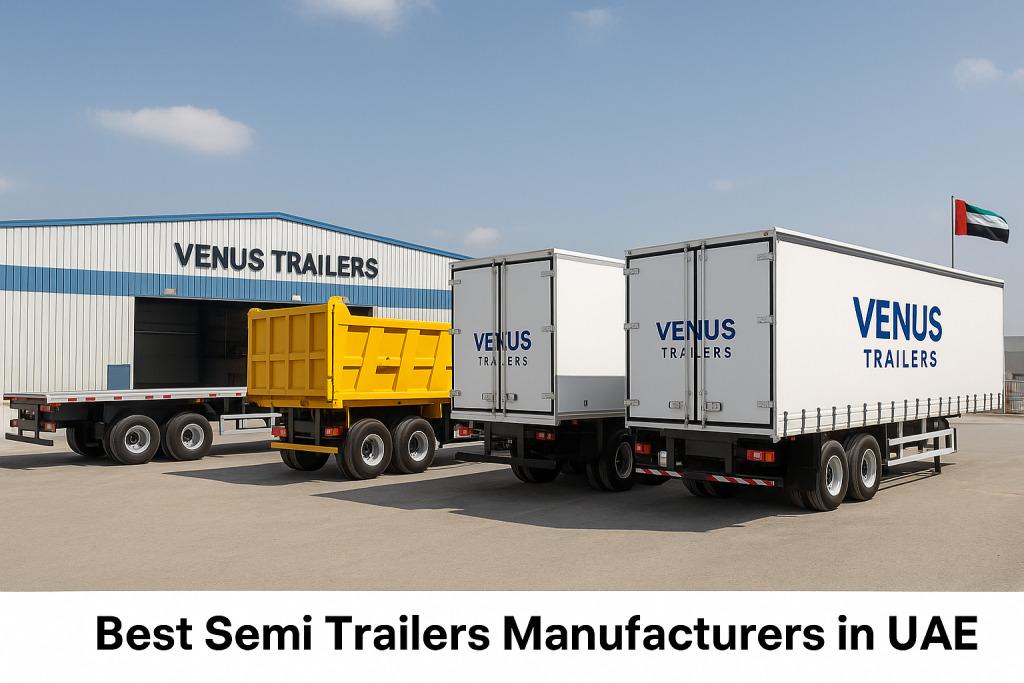 “A lineup of semi trailers manufactured in the UAE, including flatbed, lowbed, and box trailers, ready for commercial transport under desert conditions.”