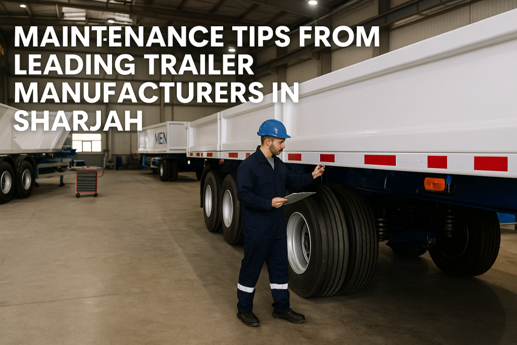"A high-resolution image of a professional mechanic performing maintenance on a semi trailer at Venus Trailers Manufacturing facility in Sharjah, UAE."